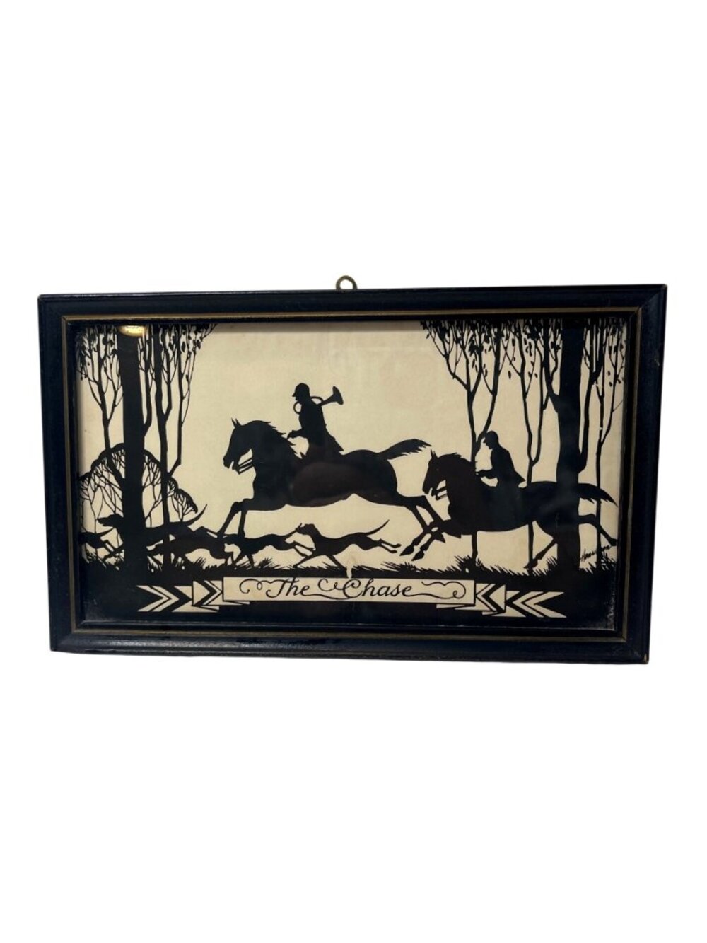 Vintage Silhouette Art "The Chase" Signed Hanselmann In Black Wooden Frame 8"x4"
